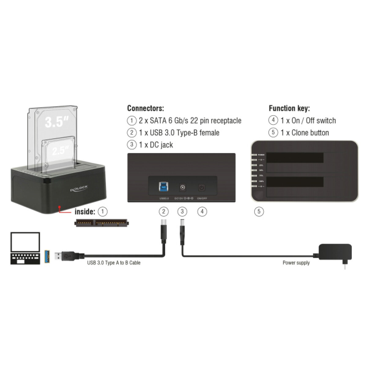 62661-3 DELOCK docking station για 2.5" ή 3.5" SATA HDD/SSD 62661, 2 θέσεων, 6Gbps, clone function, μαύρο - Image 4