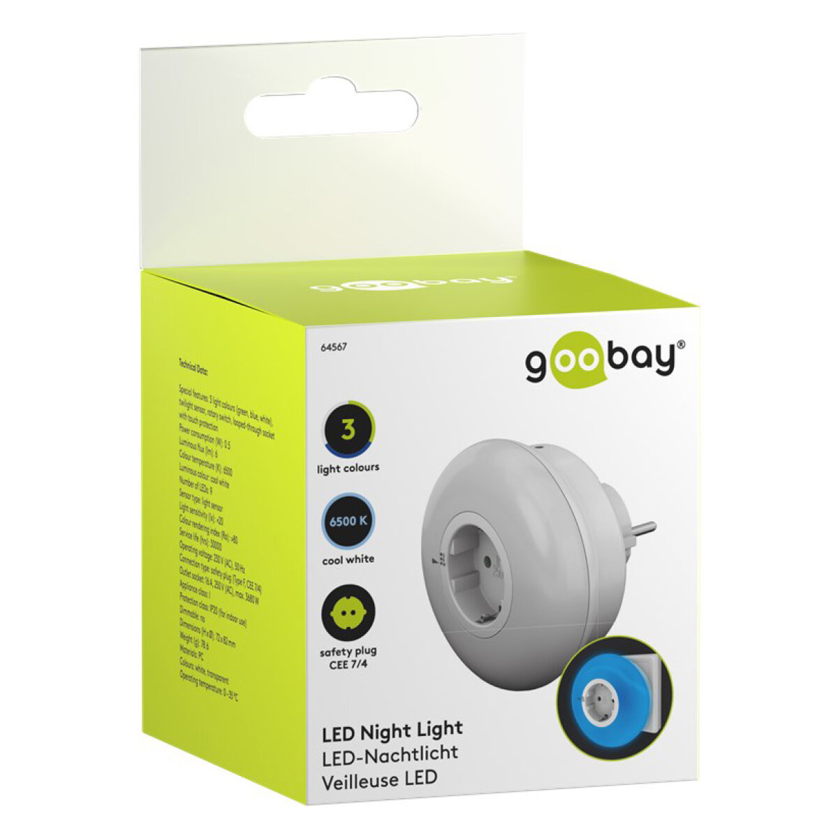64567-6 GOOBAY LED φωτιστικό νυκτός 64567, πρίζα schuko, 3 χρώματα φωτός, 6500K - Image 7