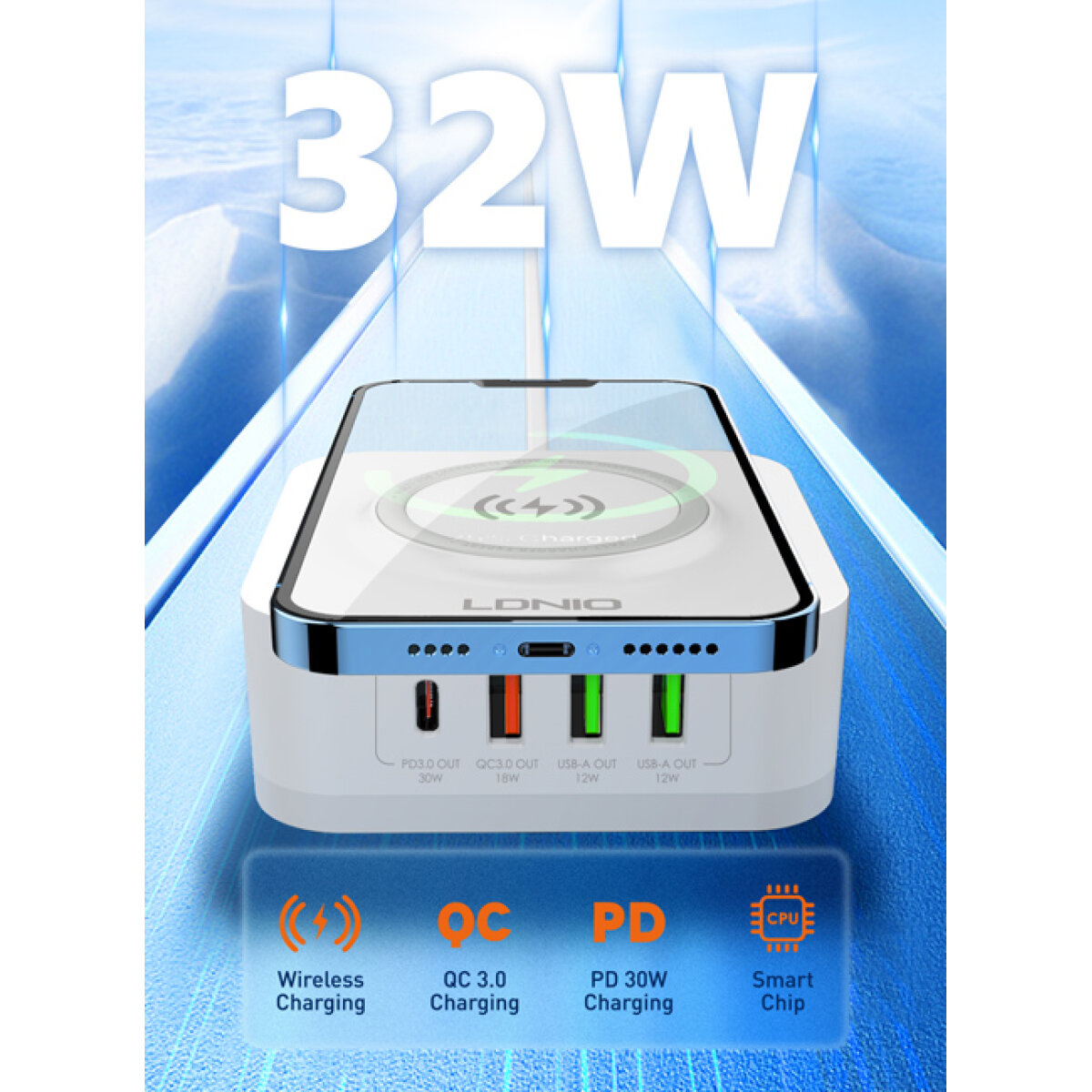 LDNIO σταθμός φόρτισης AW004, USB-C/3x USB/wireless, 32W, PD/QC, λευκός - Image 4