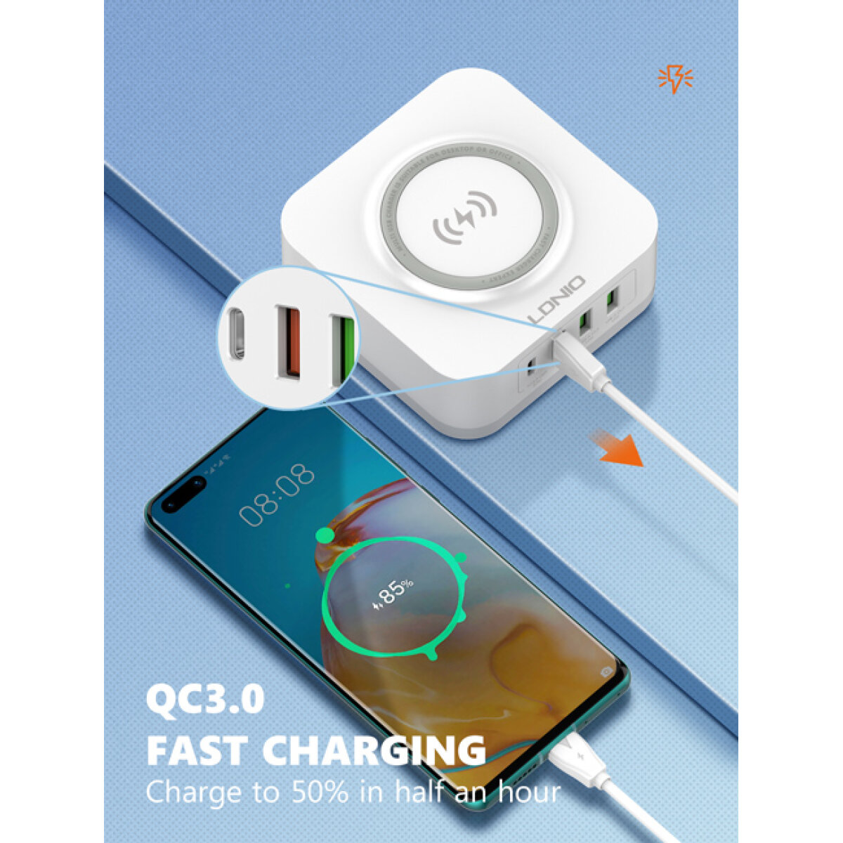 LDNIO σταθμός φόρτισης AW004, USB-C/3x USB/wireless, 32W, PD/QC, λευκός - Image 10