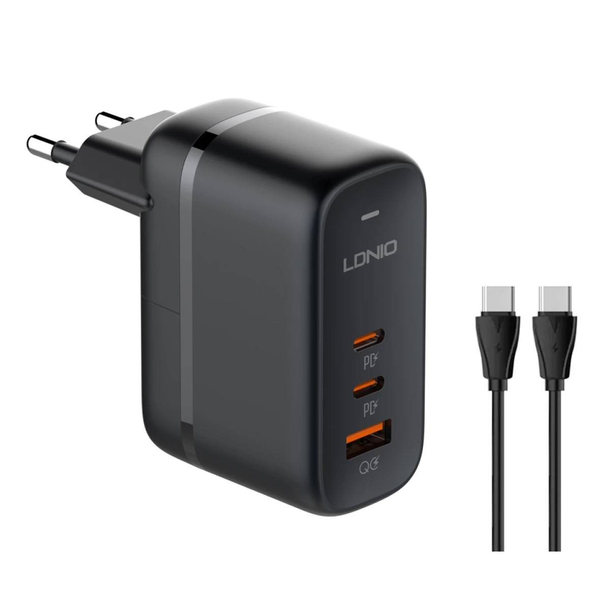 LDNIO φορτιστής τοίχου Q366 με καλώδιο, USB/2x USB-C, 65W, GaN, μαύρος - Image 1