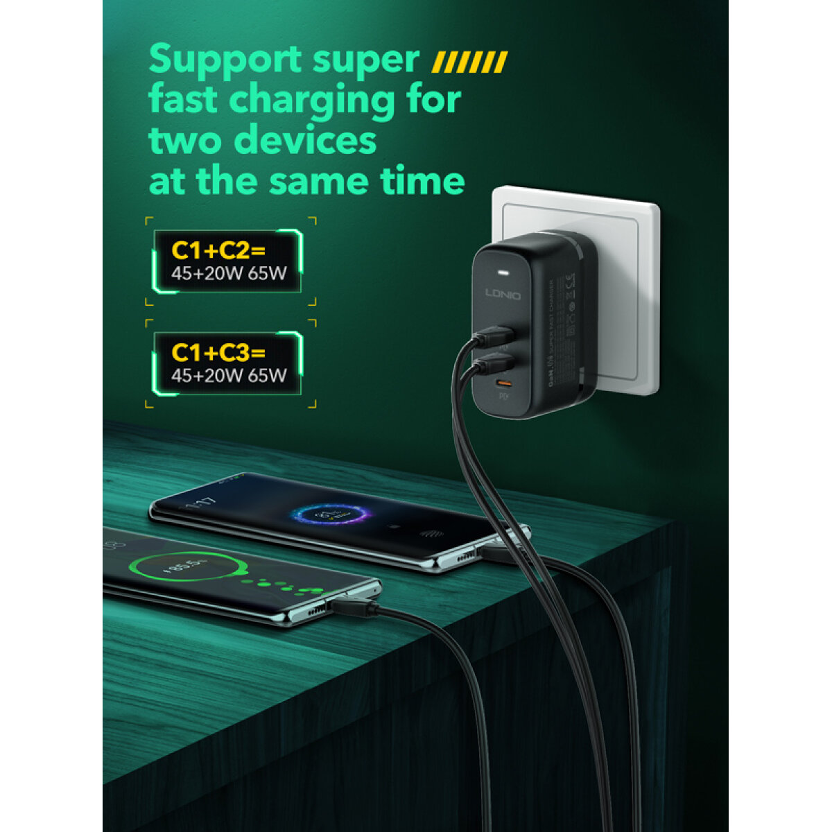 LDNIO φορτιστής τοίχου Q367 με καλώδιο USB-C, 3x USB-C, 65W, GaN, μαύρος - Image 3