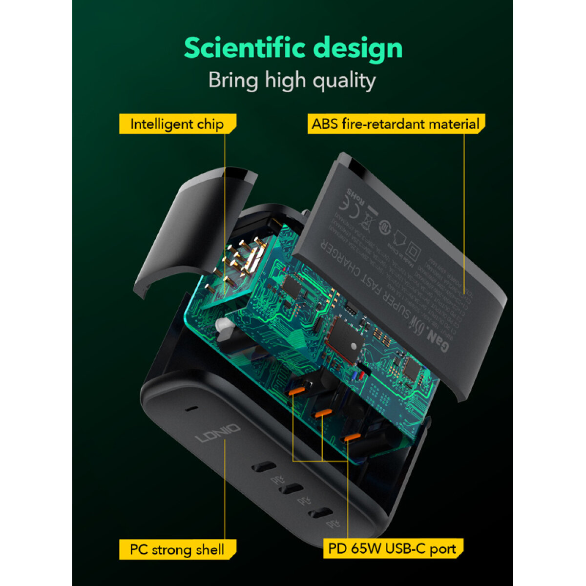 LDNIO φορτιστής τοίχου Q367 με καλώδιο USB-C, 3x USB-C, 65W, GaN, μαύρος - Image 5
