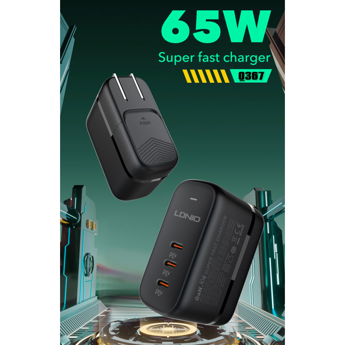 LDNIO φορτιστής τοίχου Q367 με καλώδιο USB-C, 3x USB-C, 65W, GaN, μαύρος - Image 6