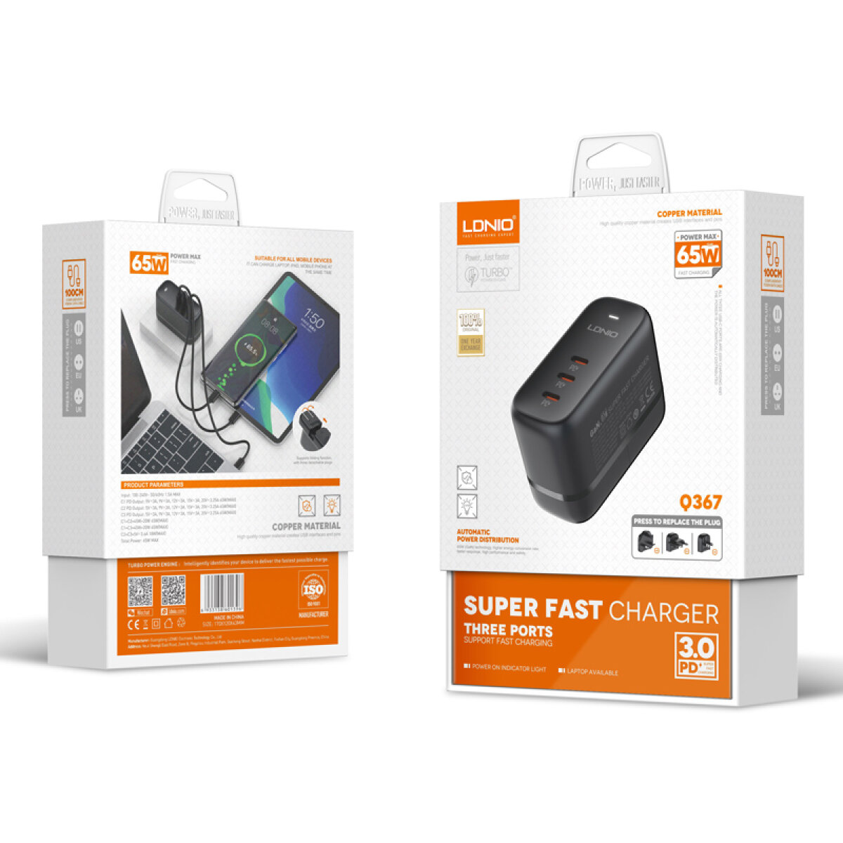 LDNIO φορτιστής τοίχου Q367 με καλώδιο USB-C, 3x USB-C, 65W, GaN, μαύρος - Image 8