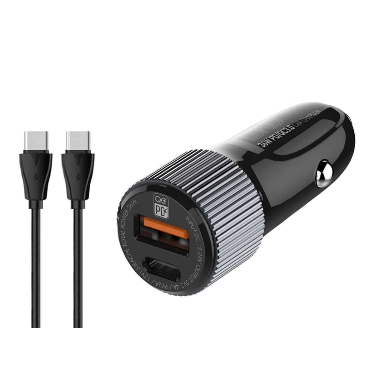 LDNIO φορτιστής αυτοκινήτου C510Q με καλώδιο, USB & USB-C, 38W, μαύρος - Image 1