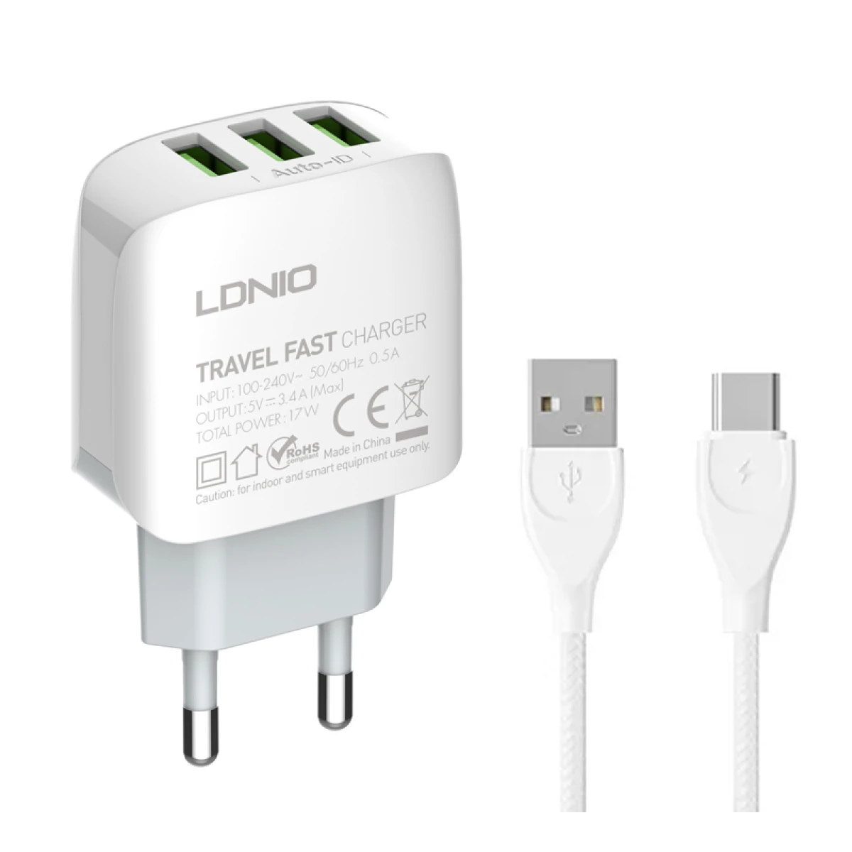 LDNIO φορτιστής τοίχου A3312 με καλώδιο USB-C, 3x USB, 17W, λευκός - Image 1