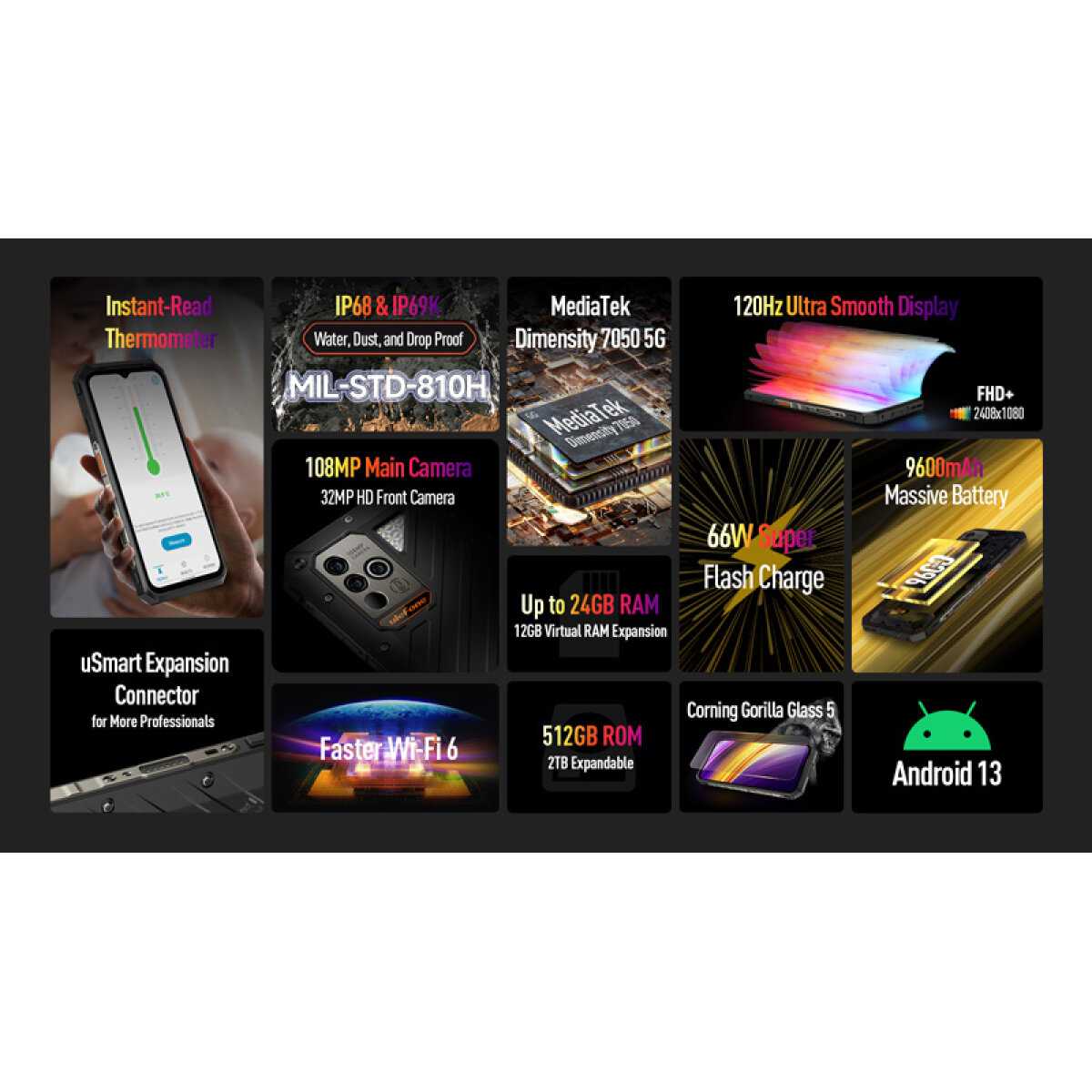 ARMOR18U-BK-2 ULEFONE smartphone Power Armor 18 Ultra, 6.58", 12/512GB, 5G, 9600mAh, IP68/IP69K, μαύρο - Image 10