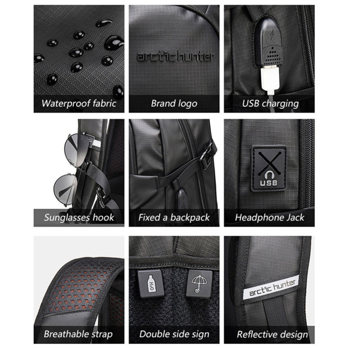 B00387-BK-2 ARCTIC HUNTER τσάντα πλάτης B00387 με θήκη laptop 15.6", 26L, USB, μαύρη - Image 3