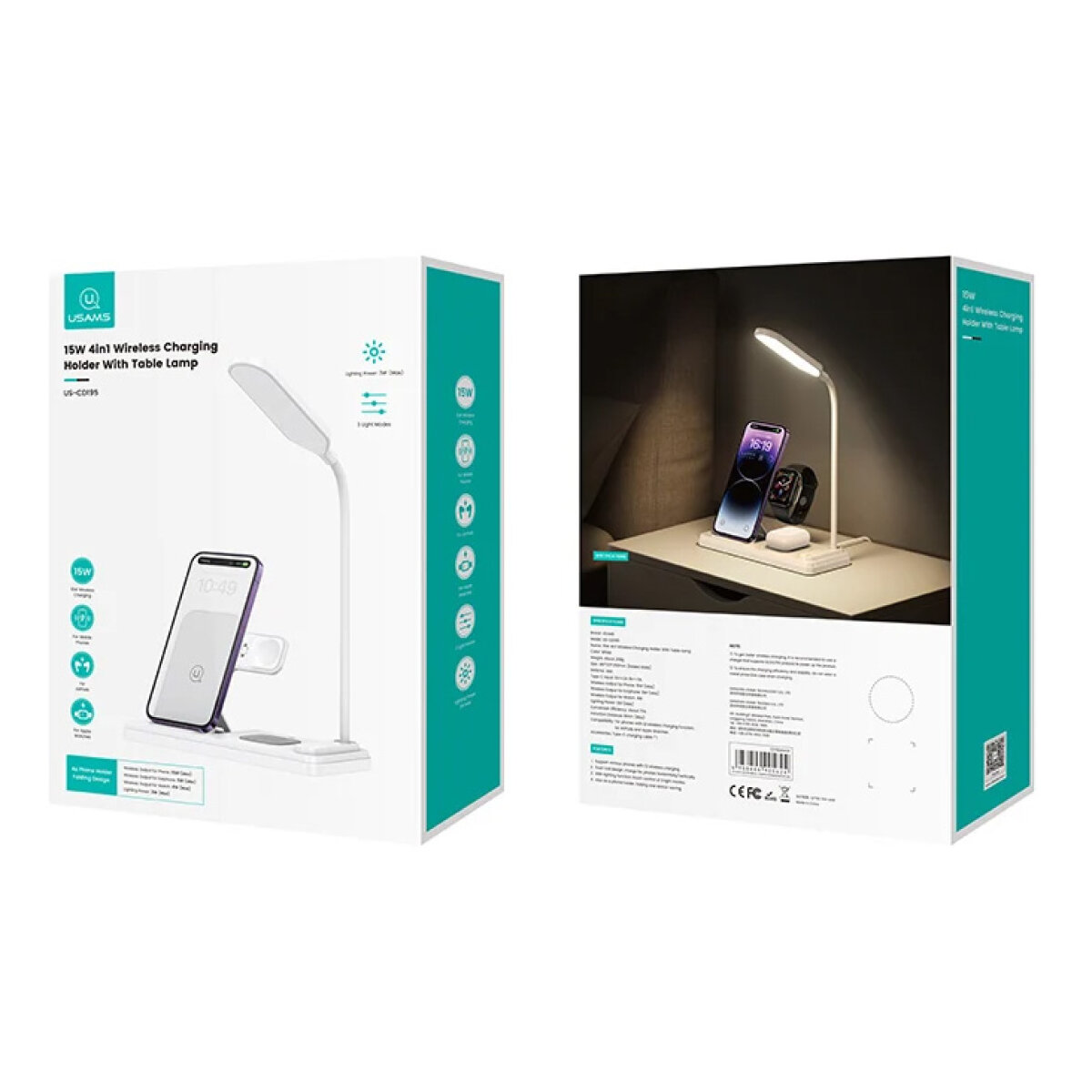 USAMS ασύρματος φορτιστής US-CD195 με φωτιστικό, 4 σε 1, 15W, λευκός - Image 3