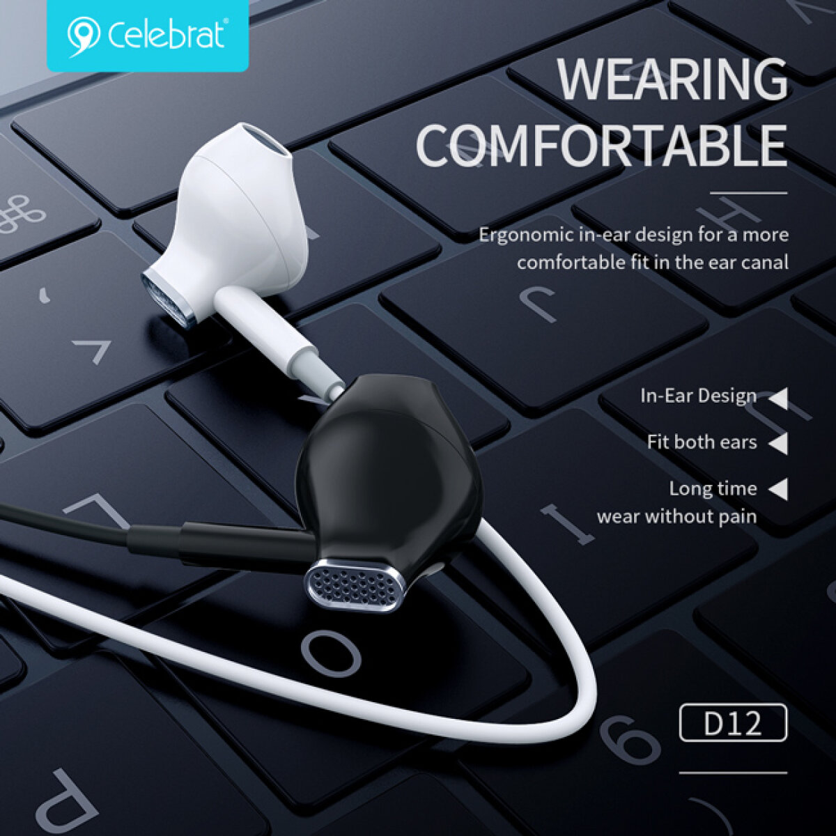 D12-BK-1 CELEBRAT earphones με μικρόφωνο D12, USB-C σύνδεση, Φ14.2mm, 1.2m, μαύρα - Image 2