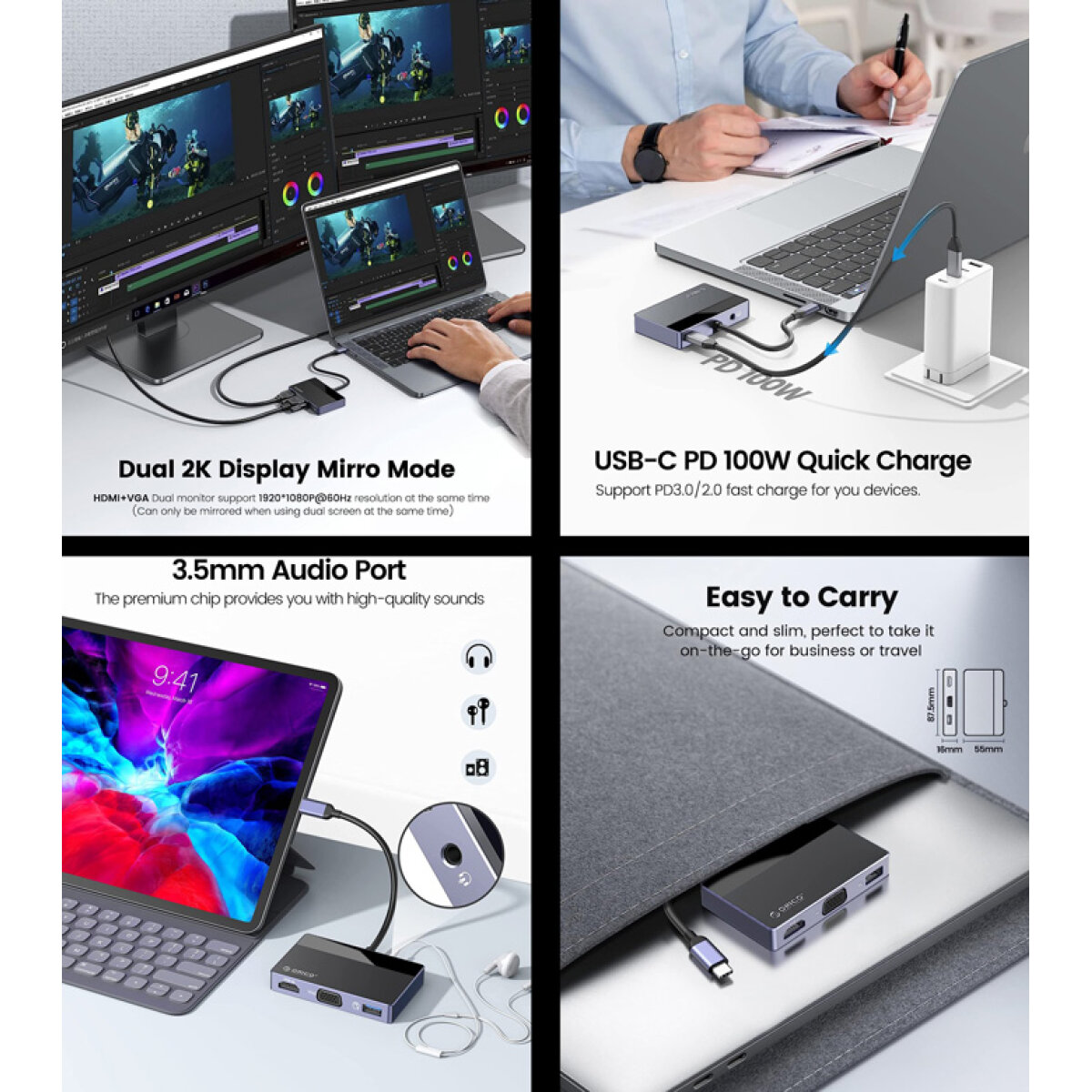 ORICO docking station DM-5P, 5 θυρών, USB-C σύνδεση, 100W PD, 4K, μαύρο - Image 2