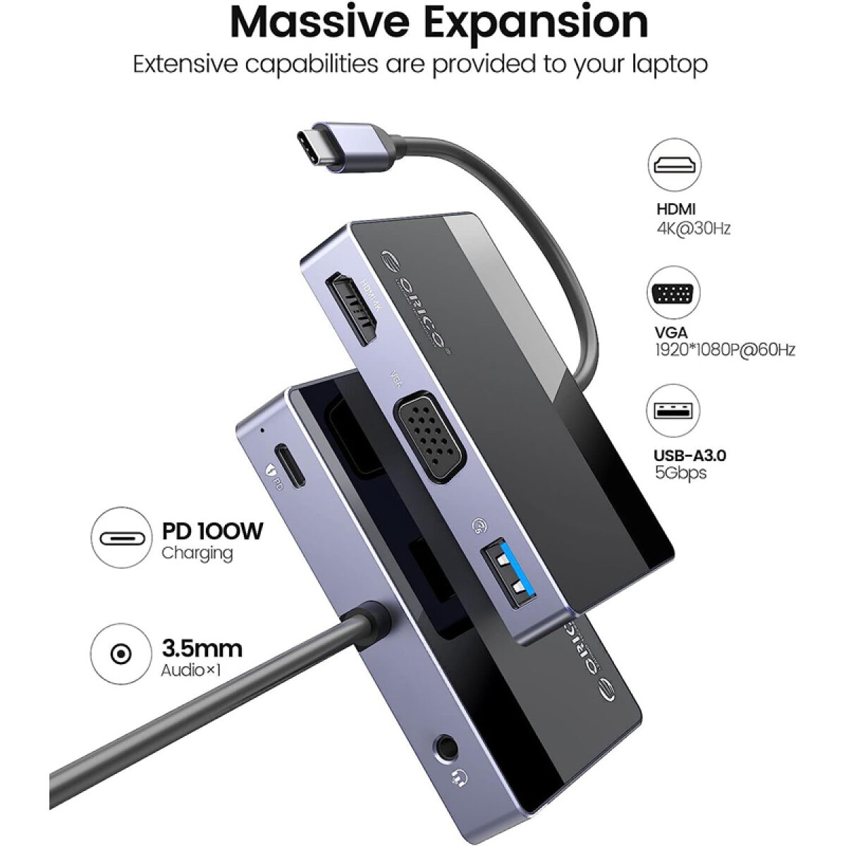 ORICO docking station DM-5P, 5 θυρών, USB-C σύνδεση, 100W PD, 4K, μαύρο - Image 3