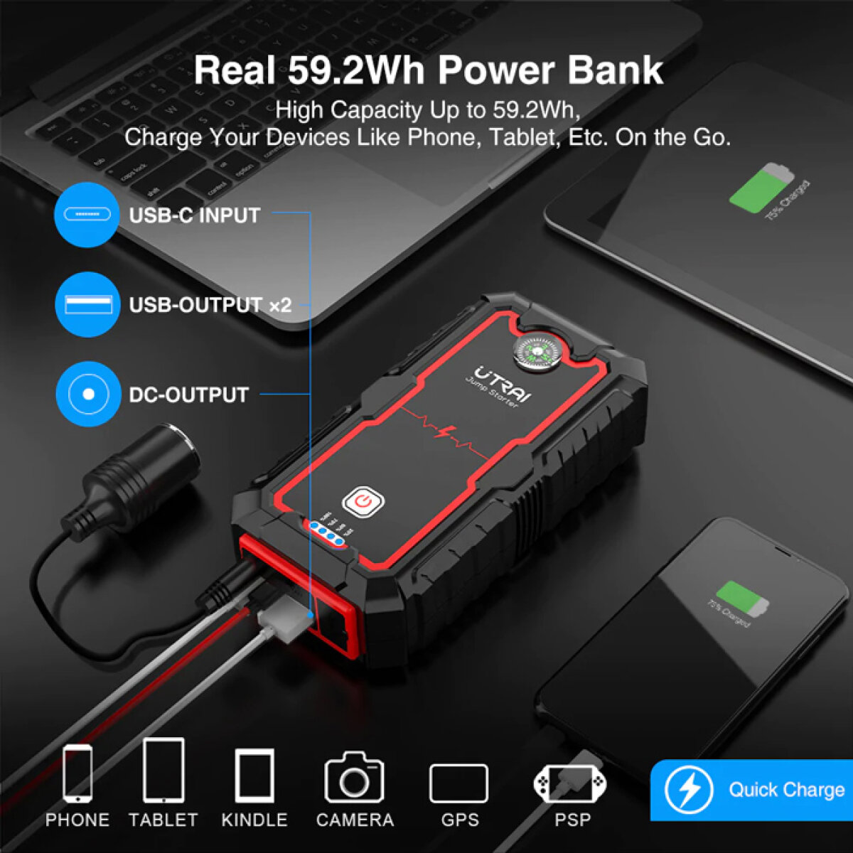 UTRAI εκκινητής μπαταρίας αυτοκινήτου Jstar One με φακό, 12V/2000A, 22000mAh - Image 3