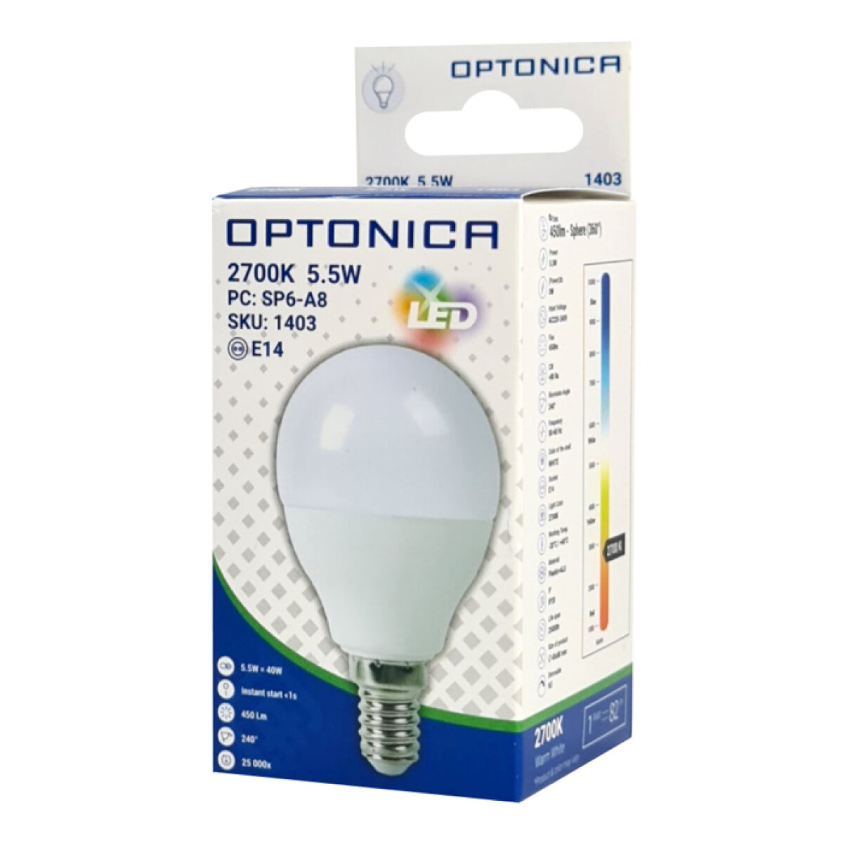 OPTONICA LED λάμπα G45 1403, 5.5W, 2700K, 450lm, E14 - Image 3