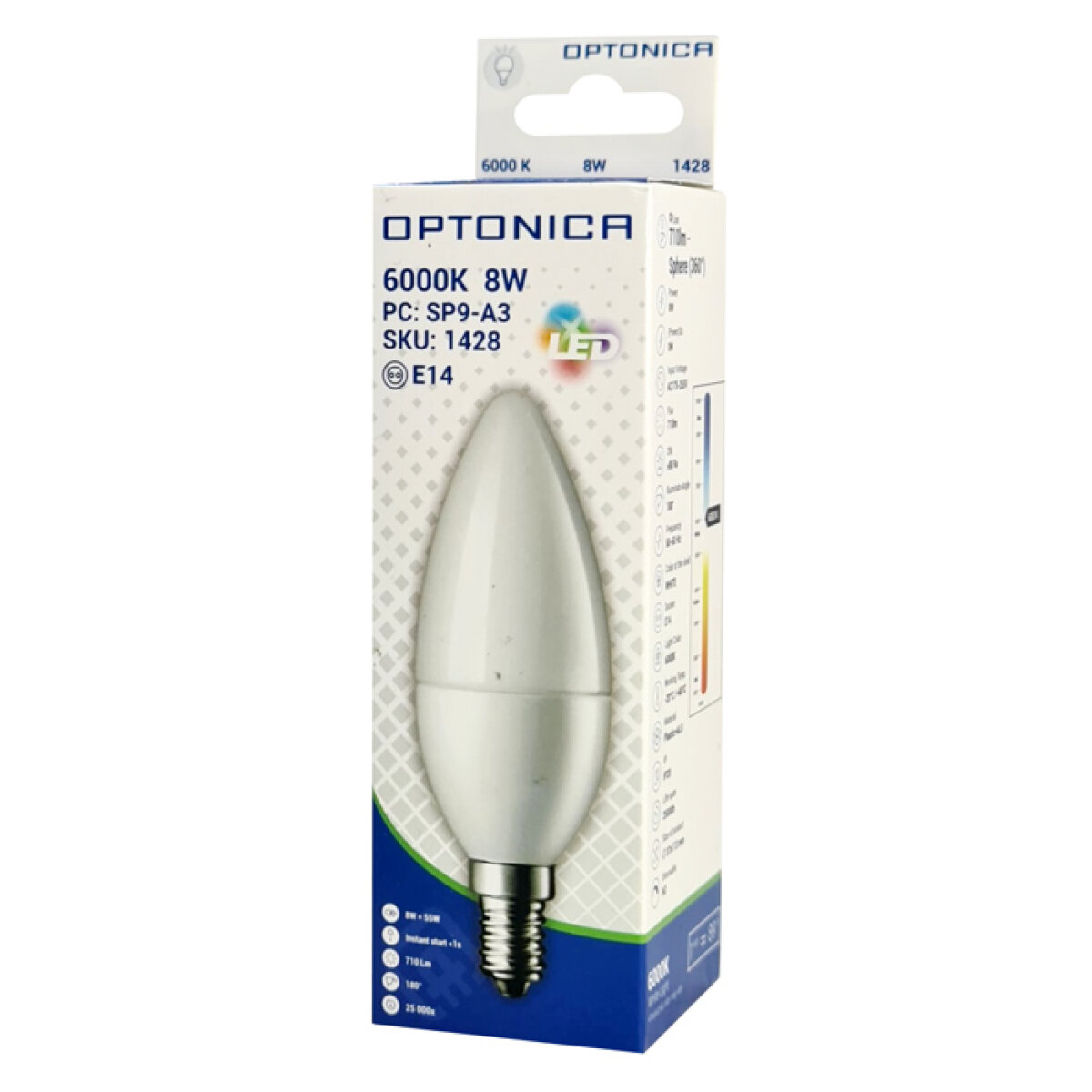 OPT-1428-2 OPTONICA LED λάμπα candle C37 1428, 8W, 6000K, 710lm, E14 - Image 3