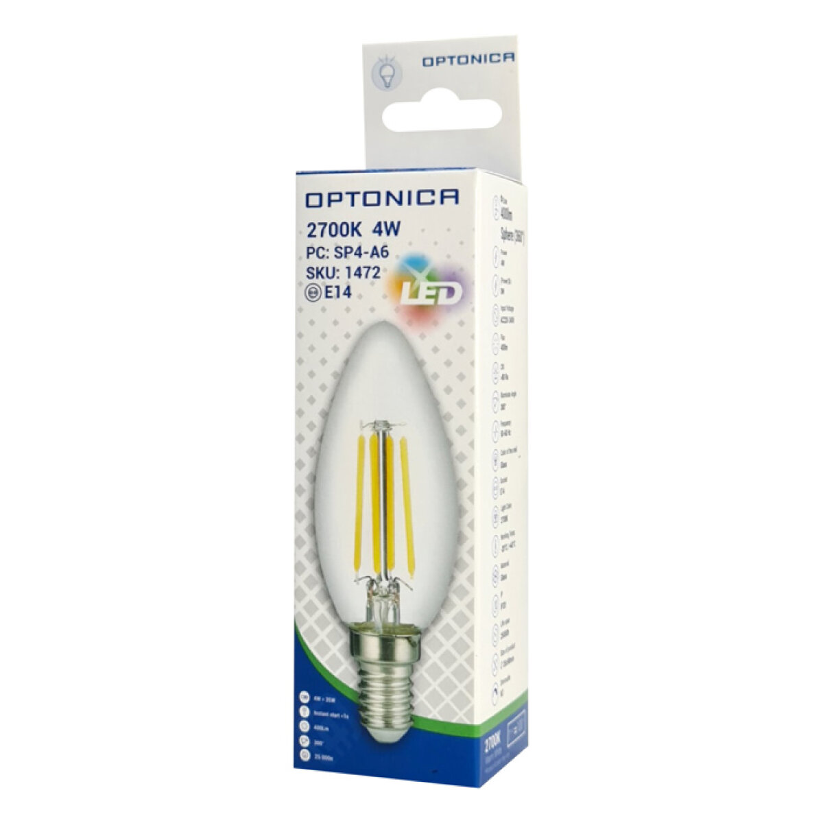OPTONICA LED λάμπα candle C35 1472, Filament, 4W, 2700K, 400lm, E14 - Image 3