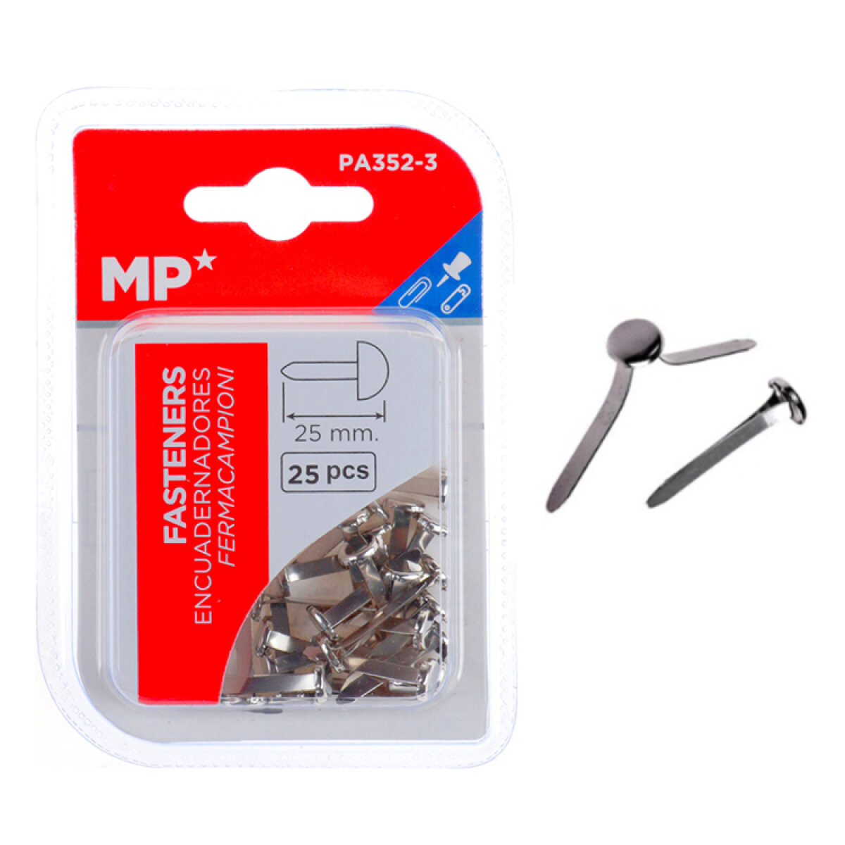 PA352-3 MP διχαλωτοί συνδετήρες PA352-3, μεταλλικοί, 25mm, ασημί, 25τμχ - Image 1