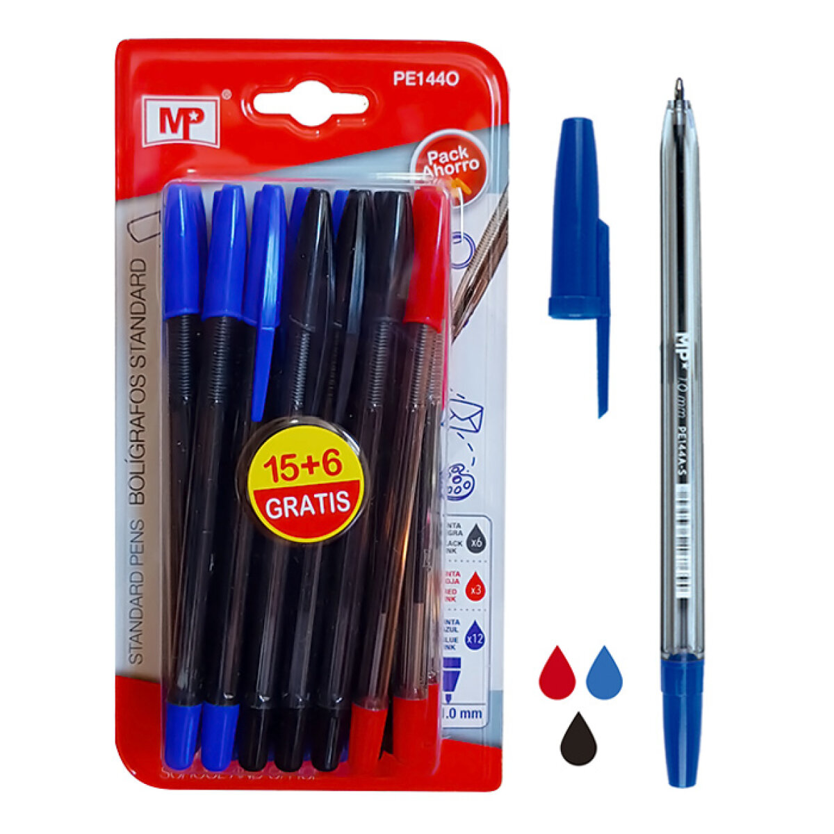 PE144O MP στυλό διαρκείας PE144O, 1mm, μπλε, μαύρο & κόκκινο, 21τμχ - Image 1