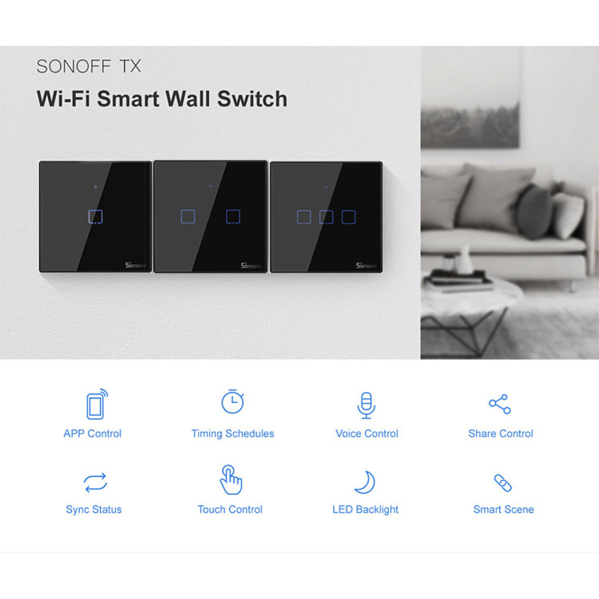 SONOFF smart διακόπτης ΤΧ-T3EU3C, αφής, Wi-Fi, τριπλός, μαύρος - Image 3