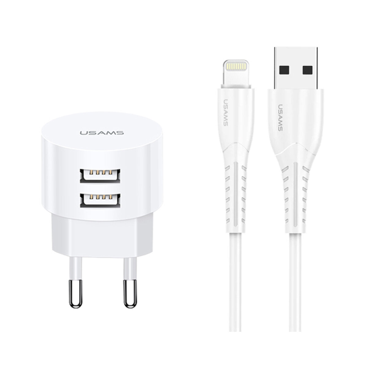 XTXLOGT1804 USAMS φορτιστής τοίχου T20 & καλώδιο Lightning, 2x USB, 2.1A, λευκός - Image 1