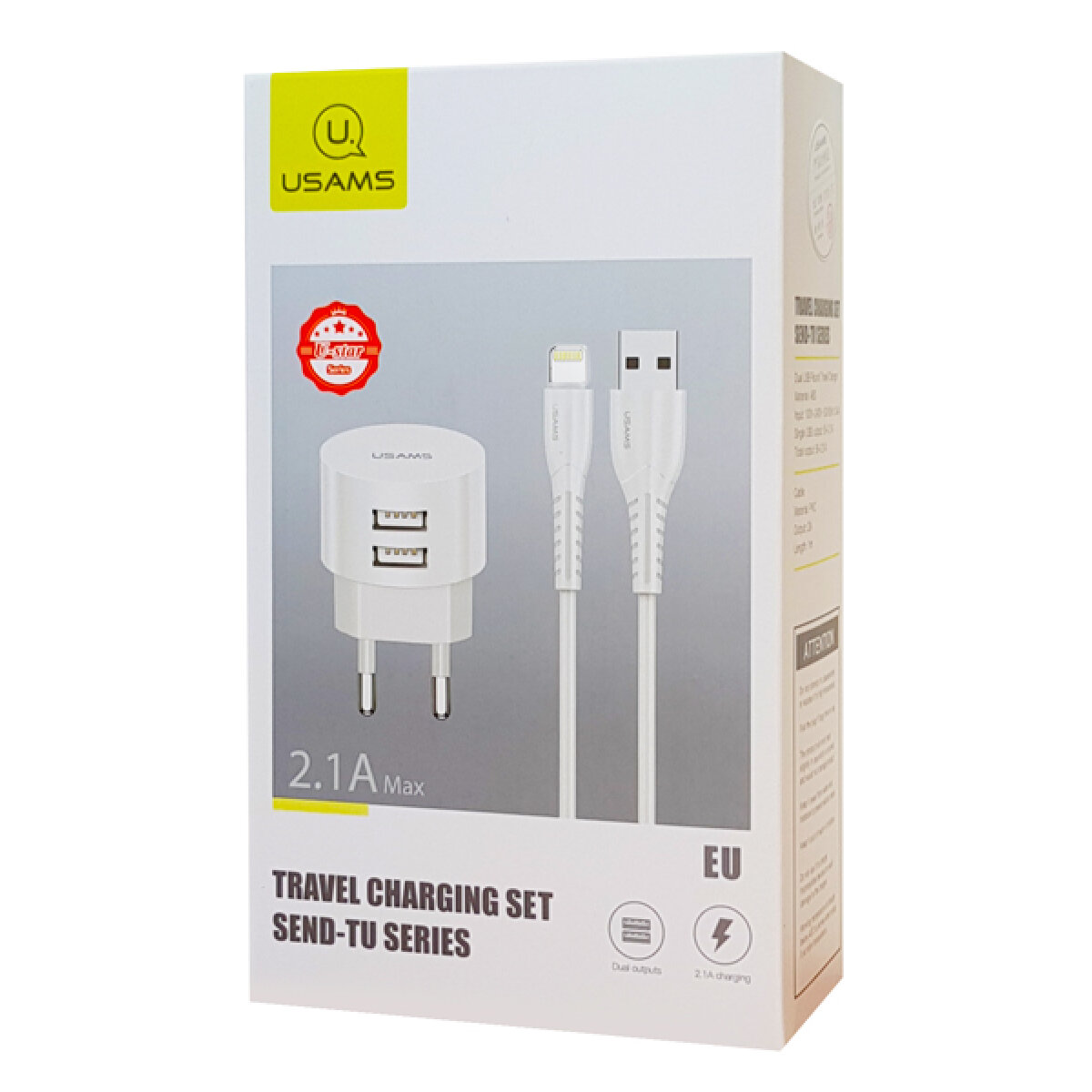 XTXLOGT1804-4 USAMS φορτιστής τοίχου T20 & καλώδιο Lightning, 2x USB, 2.1A, λευκός - Image 5