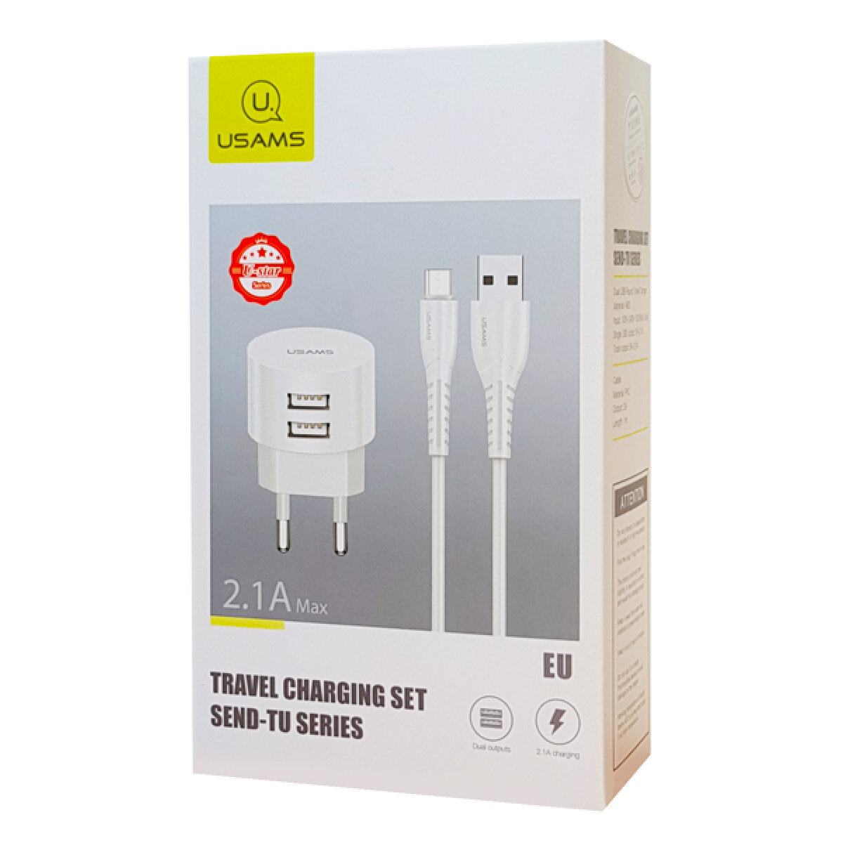 XTXLOGT18MC05-4 USAMS φορτιστής τοίχου T20 & καλώδιο Micro USB, 2x USB, 2.1A, λευκός - Image 5