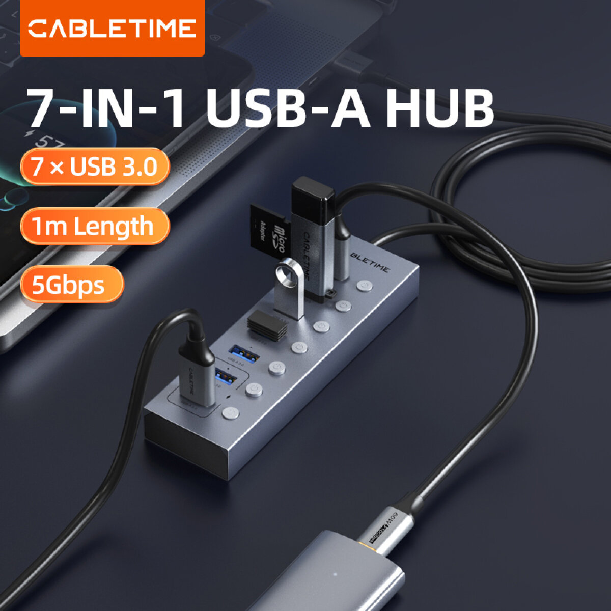 CT-HUBU7-AG-1 CABLETIME USB hub CT-HUBU7-AG, 7x θυρών, 5Gbps, USB σύνδεση, 1m, γκρι - Image 2