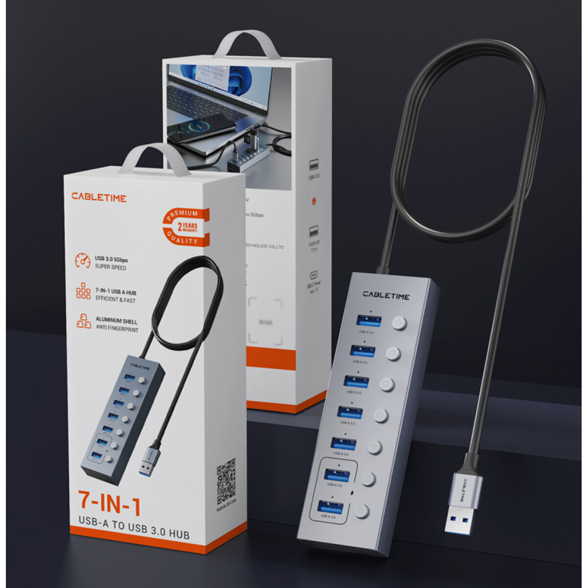 CT-HUBU7-AG-10 CABLETIME USB hub CT-HUBU7-AG, 7x θυρών, 5Gbps, USB σύνδεση, 1m, γκρι - Image 3