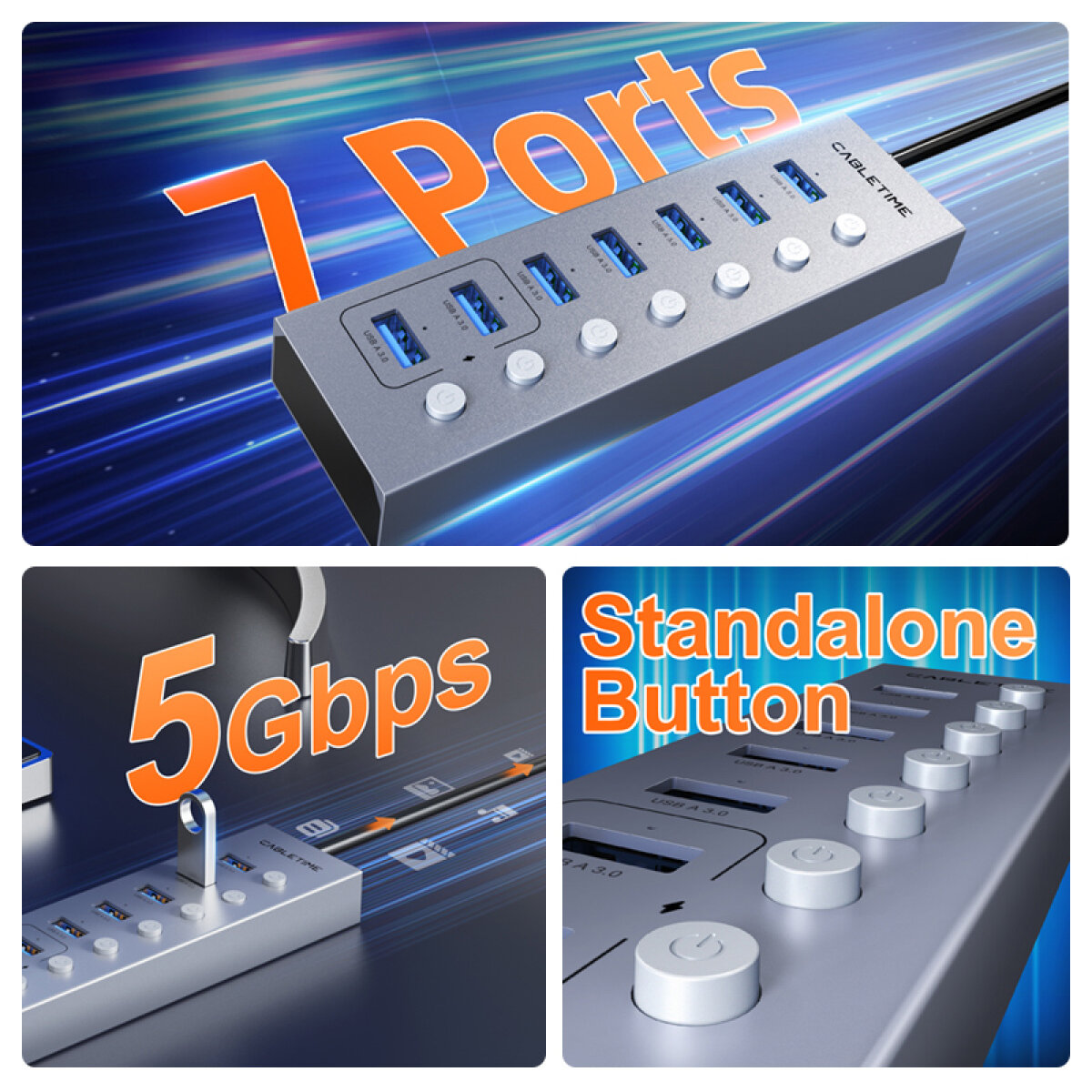 CT-HUBU7-AG-2 CABLETIME USB hub CT-HUBU7-AG, 7x θυρών, 5Gbps, USB σύνδεση, 1m, γκρι - Image 4