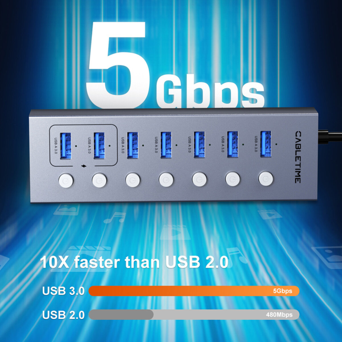 CT-HUBU7-AG-3 CABLETIME USB hub CT-HUBU7-AG, 7x θυρών, 5Gbps, USB σύνδεση, 1m, γκρι - Image 5
