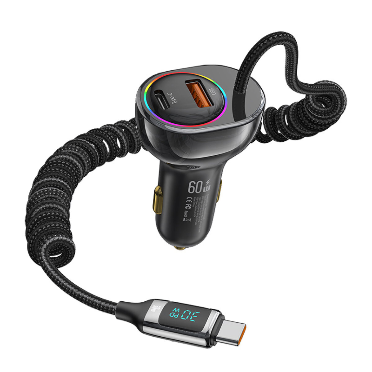 CC192CC01 USAMS φορτιστής αυτοκινήτου US-CC192 με καλώδιο, USB/USB-C, 60W, μαύρος - Image 1