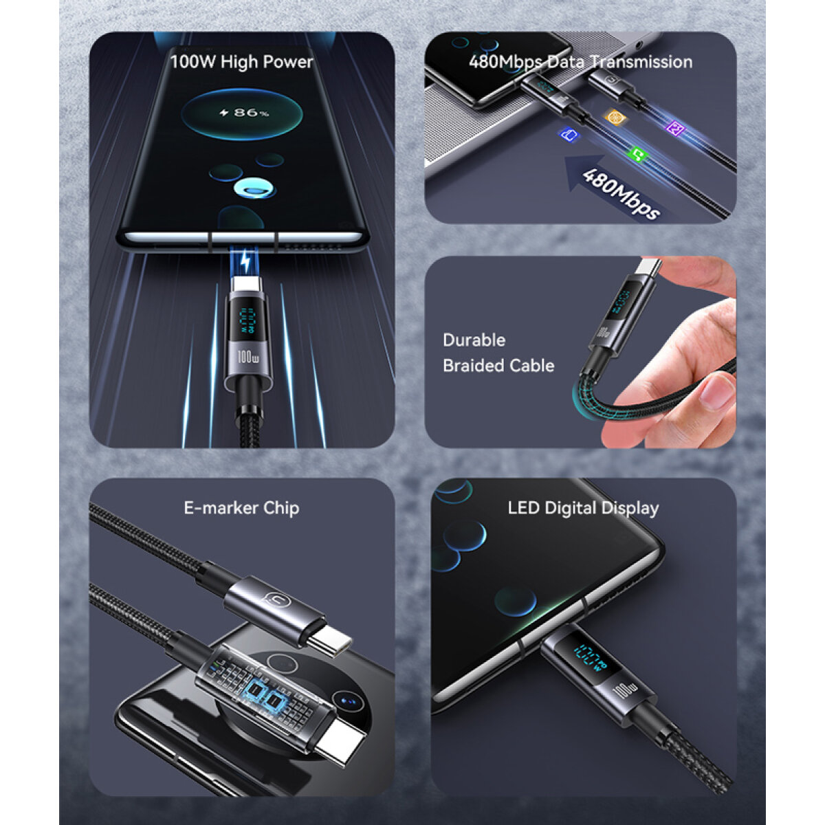 SJ671USB01-1 USAMS καλώδιο USB-C σε USB-C US-SJ671, 100W, 480Mbps, 1.2m, μαύρο - Image 2