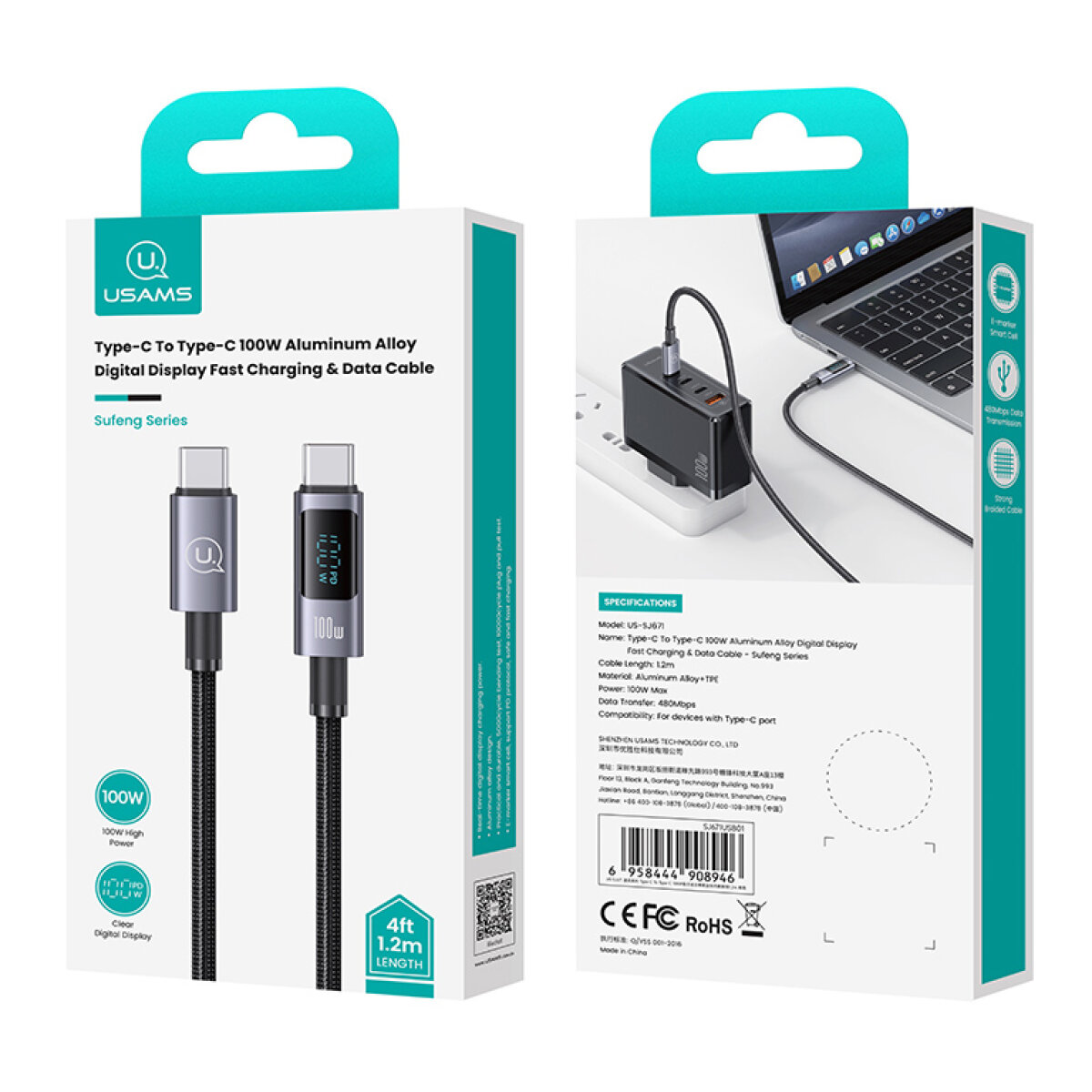 SJ671USB01-4 USAMS καλώδιο USB-C σε USB-C US-SJ671, 100W, 480Mbps, 1.2m, μαύρο - Image 5