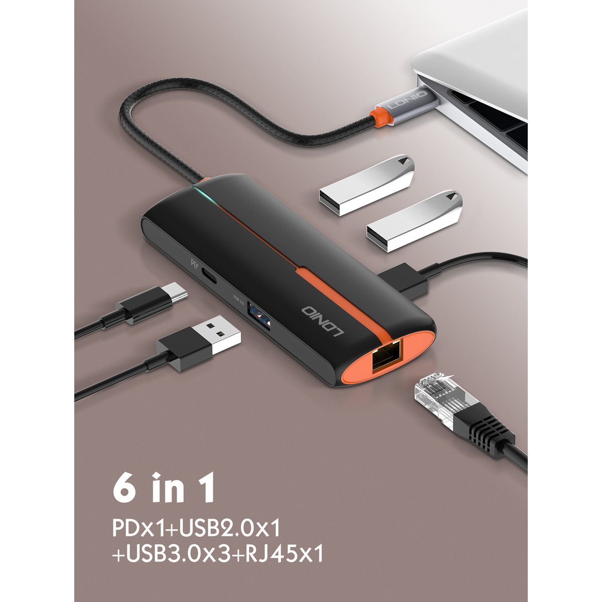 6933138601754-4 LDNIO USB hub DS-26U με θύρα δικτύου, 6 θυρών, USB-C σύνδεση, 100W PD, λευκό - Image 5