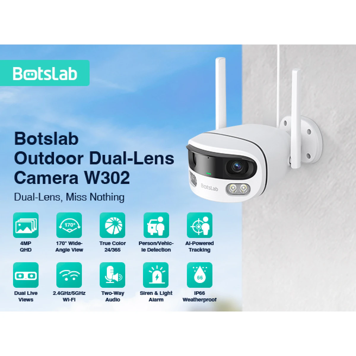 BOTSLAB smart κάμερα W302, 4MP/3K, dual lens, WiFi, SD, IP66 - Image 2