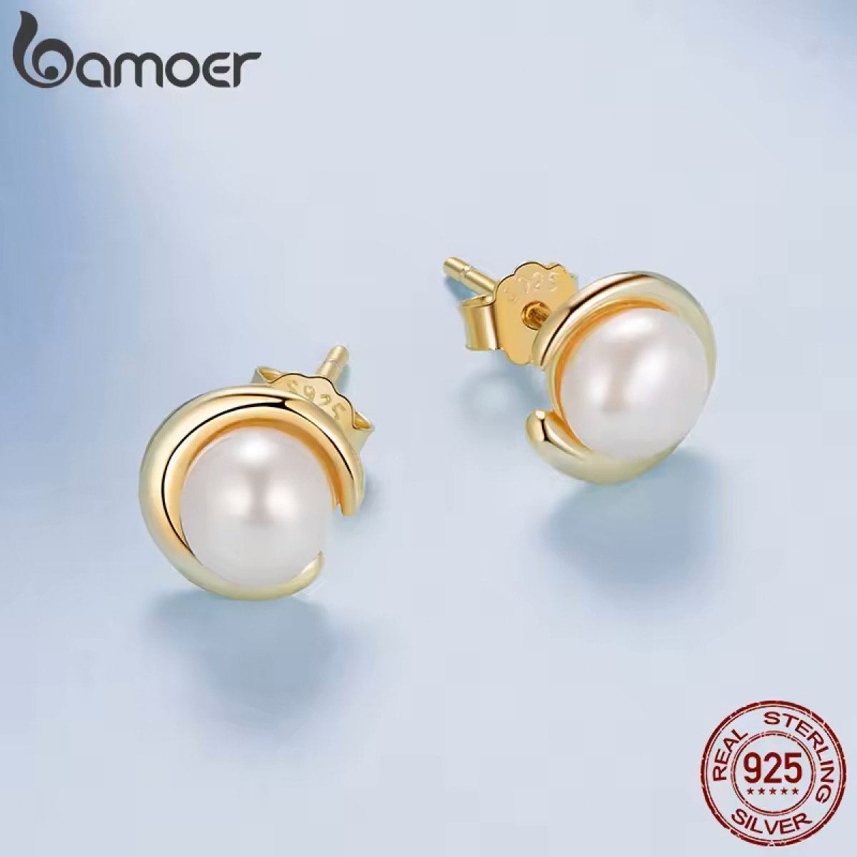 BSE1107-3 BAMOER σκουλαρίκια καρφωτά BSE1107 με λευκή πέρλα, ασήμι 925, χρυσό - Image 4