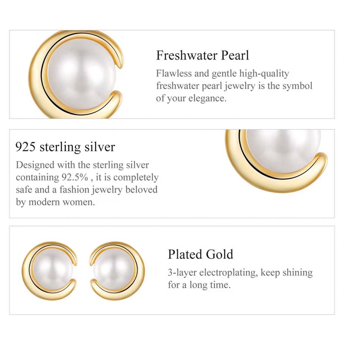 BSE1107-4 BAMOER σκουλαρίκια καρφωτά BSE1107 με λευκή πέρλα, ασήμι 925, χρυσό - Image 5