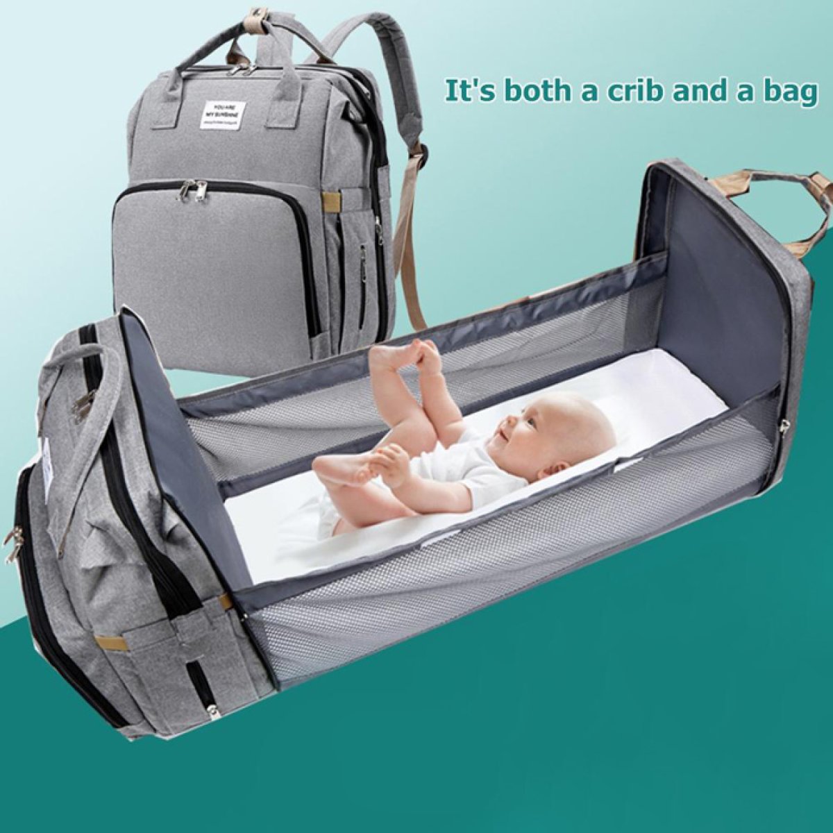 2 σε 1 τσάντα πλάτης & παιδικό κρεβατάκι TMV-0055, αδιάβροχη, γκρι - Image 2