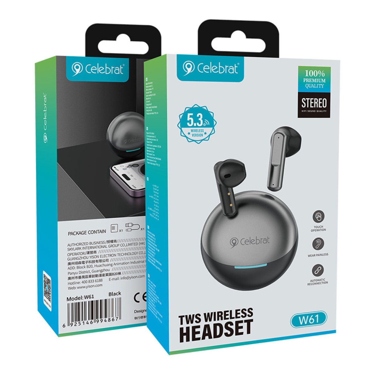 CELEBRAT earphones με θήκη φόρτισης W61, True Wireless, 13mm, 25/200mAh, μαύρα - Image 4