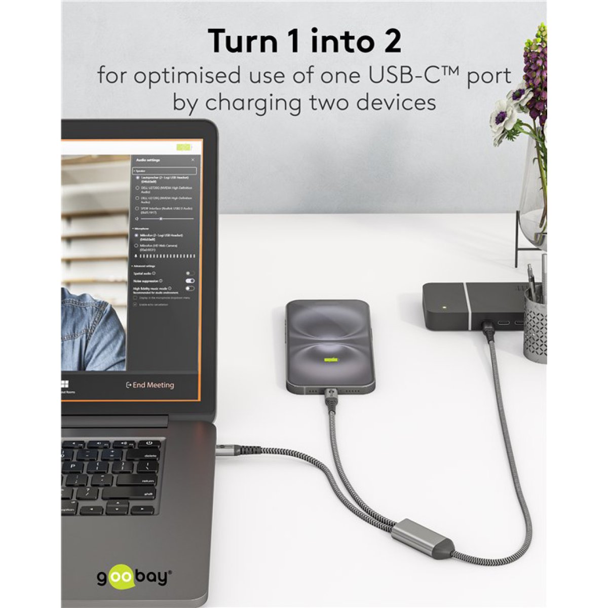 75739-1 GOOBAY καλώδιο USB-C σε 2x USB-C 75739, 60W, 480Mbps, 1.5m, γκρι - Image 2