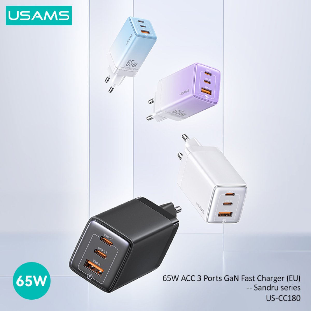 CC180TC01-1 USAMS φορτιστής τοίχου US-CC180, USB & 2x USB-C, 65W PD, GaN, μαύρος - Image 2