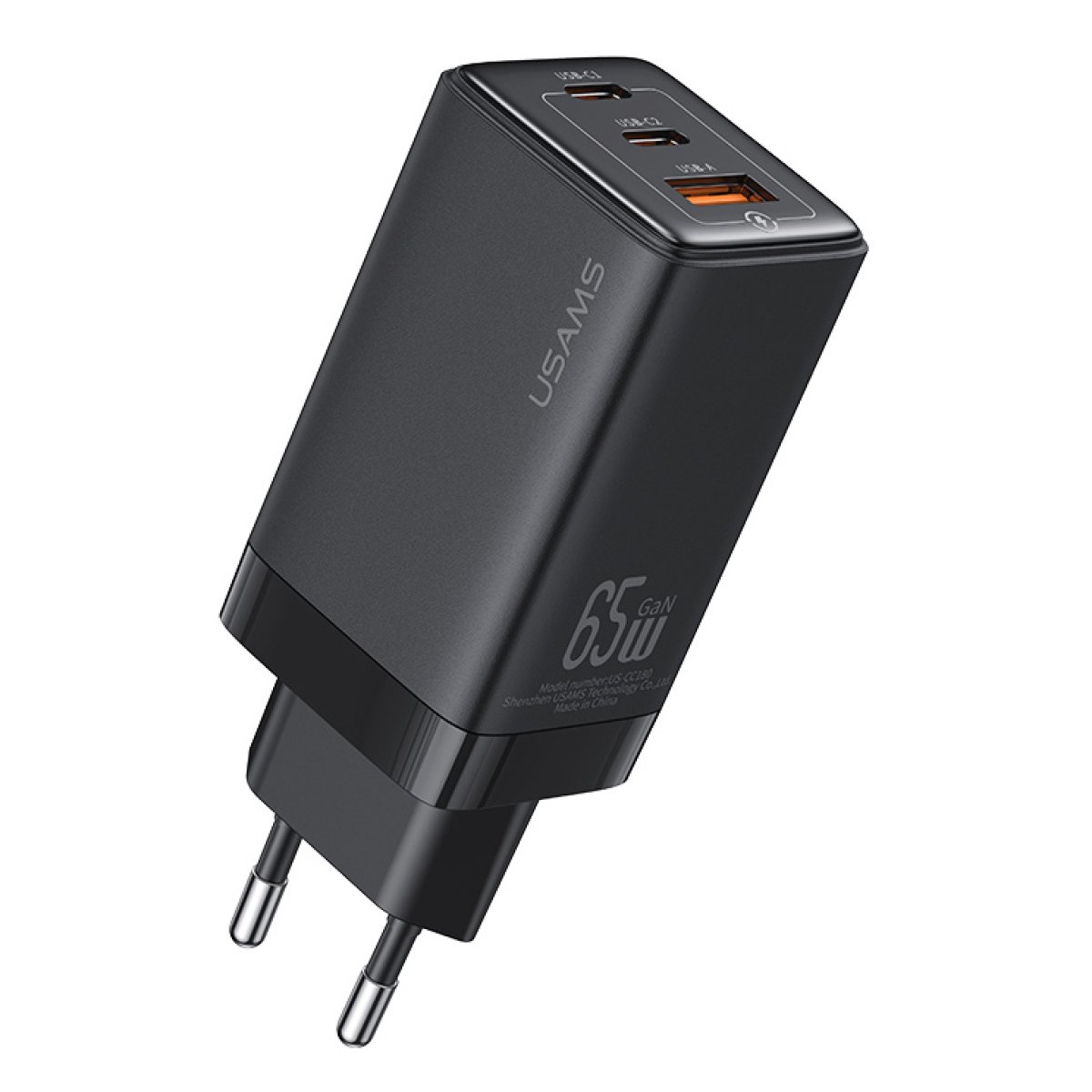 CC180TC01 USAMS φορτιστής τοίχου US-CC180, USB & 2x USB-C, 65W PD, GaN, μαύρος - Image 1