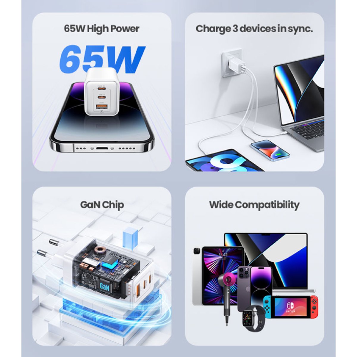 CC180TC01-2 USAMS φορτιστής τοίχου US-CC180, USB & 2x USB-C, 65W PD, GaN, μαύρος - Image 3