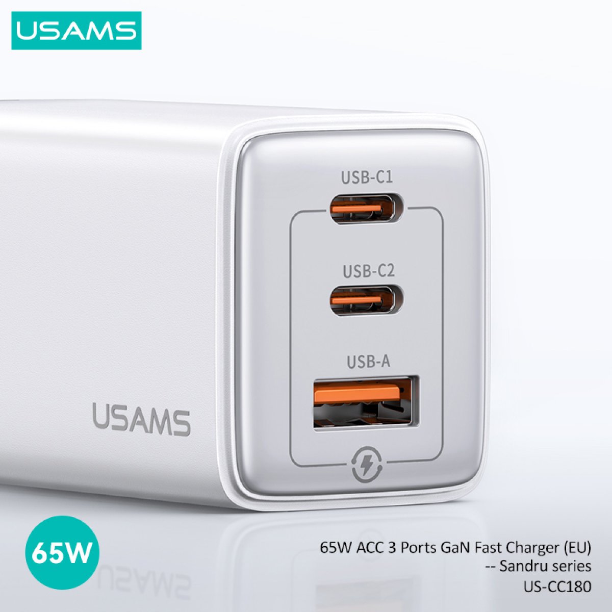 CC180TC01-3 USAMS φορτιστής τοίχου US-CC180, USB & 2x USB-C, 65W PD, GaN, μαύρος - Image 4