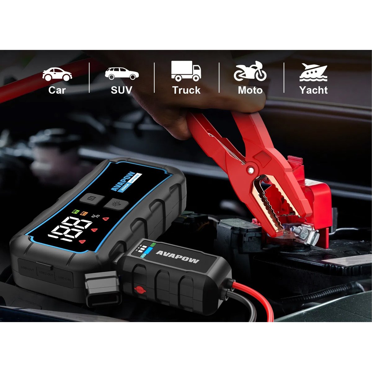 AVAPOW εκκινητής μπαταρίας αυτοκινήτου E5 Pro με φακό, 12V/2000A, 12000mAh - Image 2