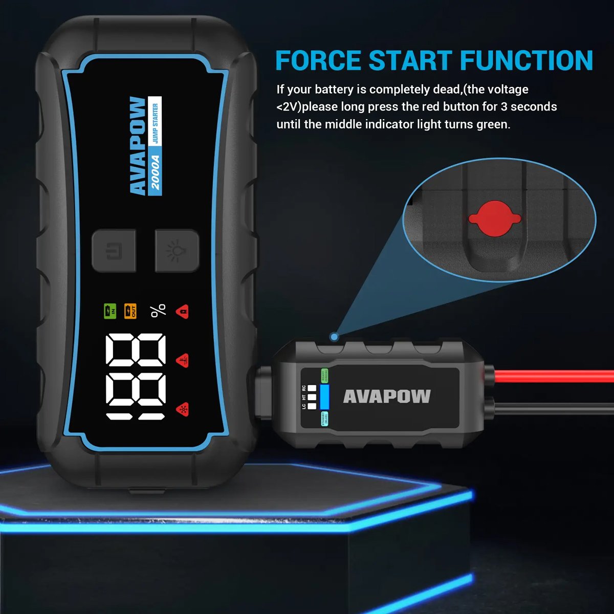 AVAPOW εκκινητής μπαταρίας αυτοκινήτου E5 Pro με φακό, 12V/2000A, 12000mAh - Image 3