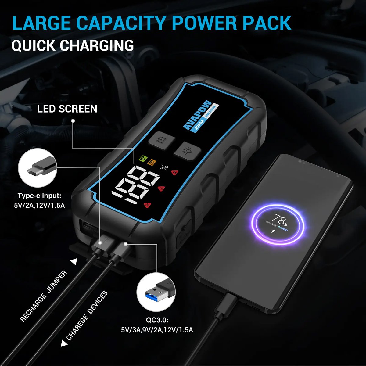 AVAPOW εκκινητής μπαταρίας αυτοκινήτου E5 Pro με φακό, 12V/2000A, 12000mAh - Image 5