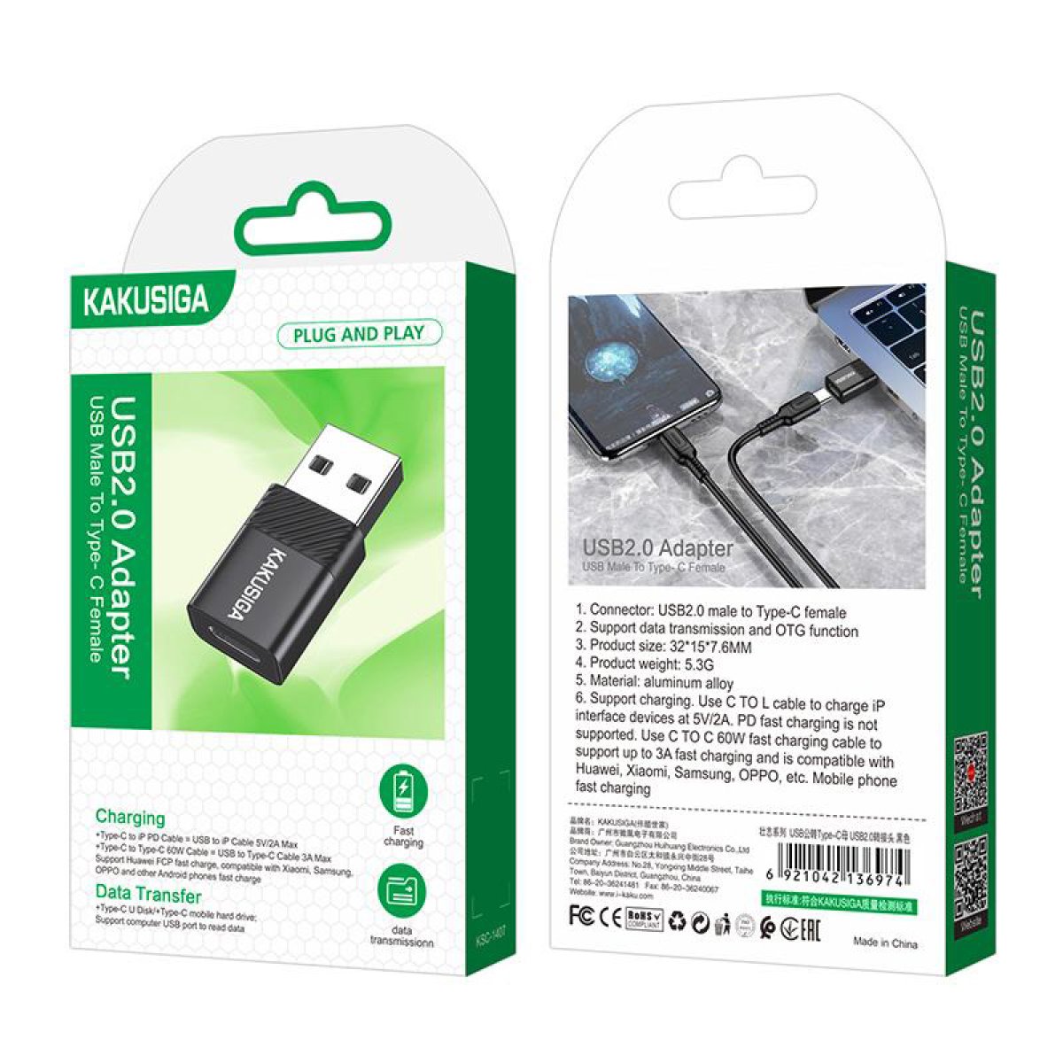 KAKUSIGA αντάπτορας USB-C σε USB KSC-1407, 480Mbps, 60W, μαύρος - Image 4