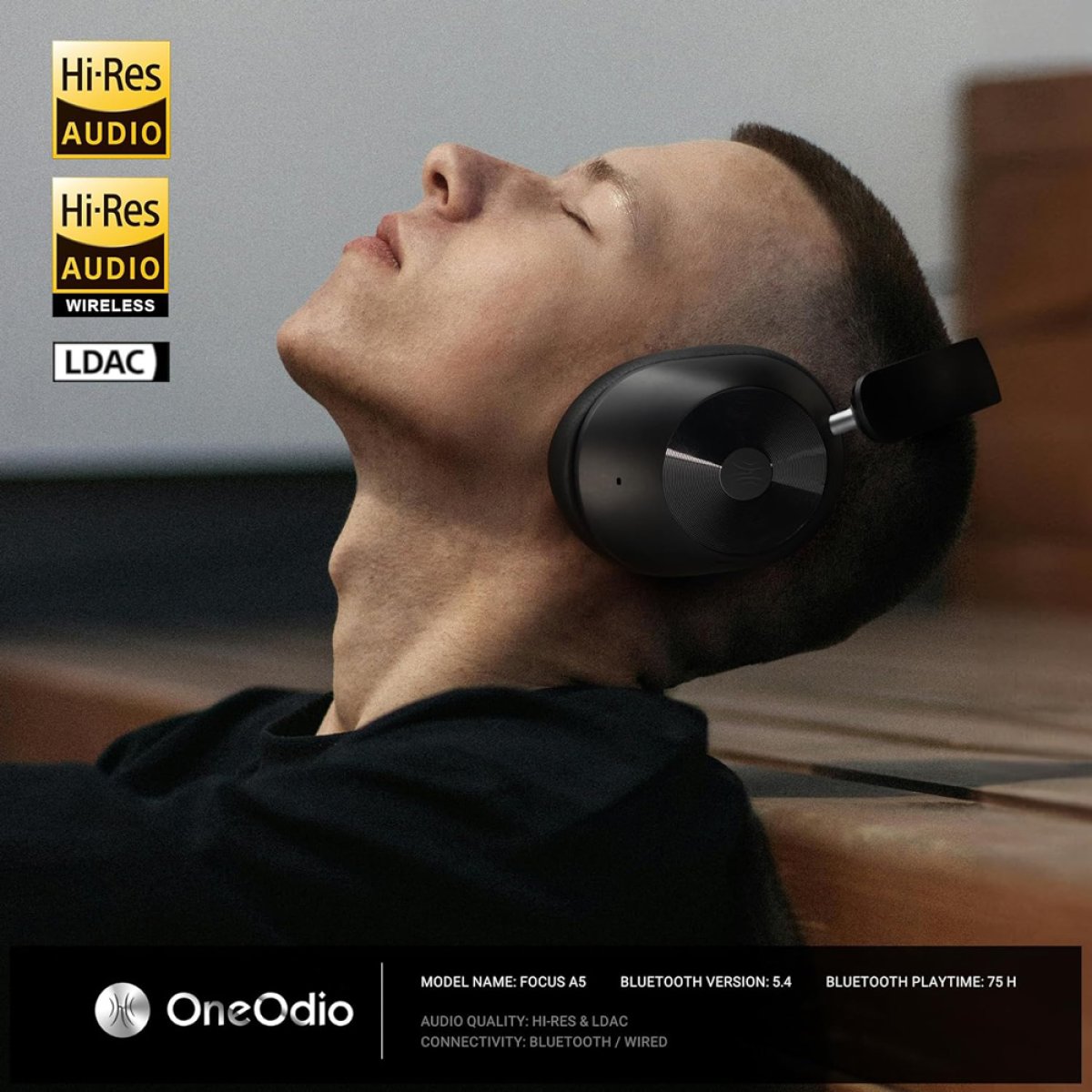 ONEODIO headphones Focus A5, ενσύρματα & ασύρματα, Hybrid ANC, 40mm, 600mAh, μαύρο - Image 2